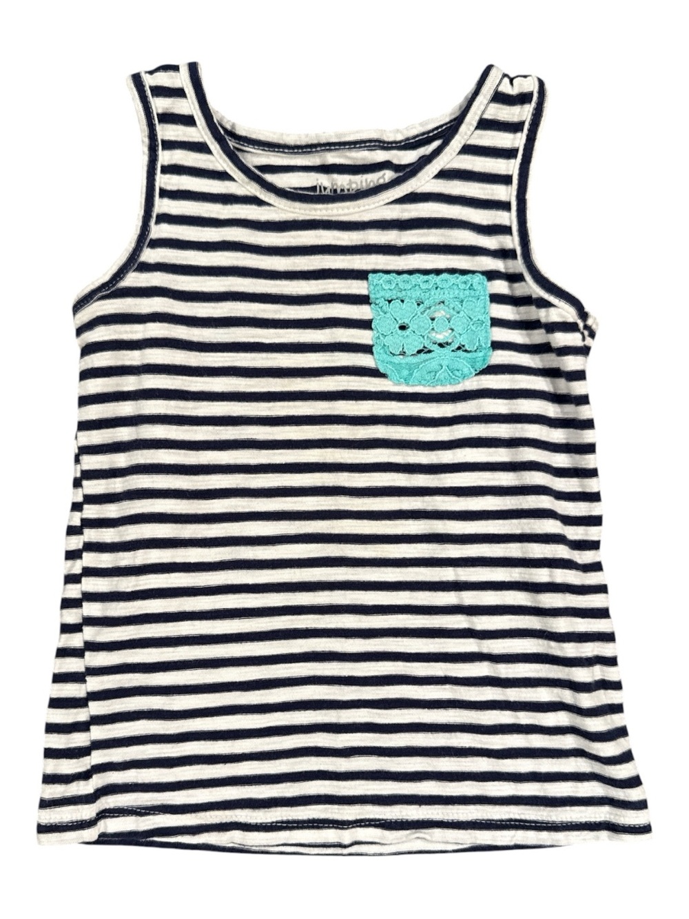 Jumping Beans Toddler‎ GirlNavy & White Striped Tank w Teal Crochet Pocket Sz 3T
